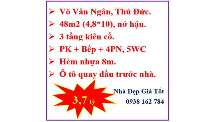 Bán gấp nhà 49m2 -3 lầu-Nở hậu-Võ Văn Ngân-Linh Chiểu-Ôtô tới nhà -Chỉ 3.7 tỷ